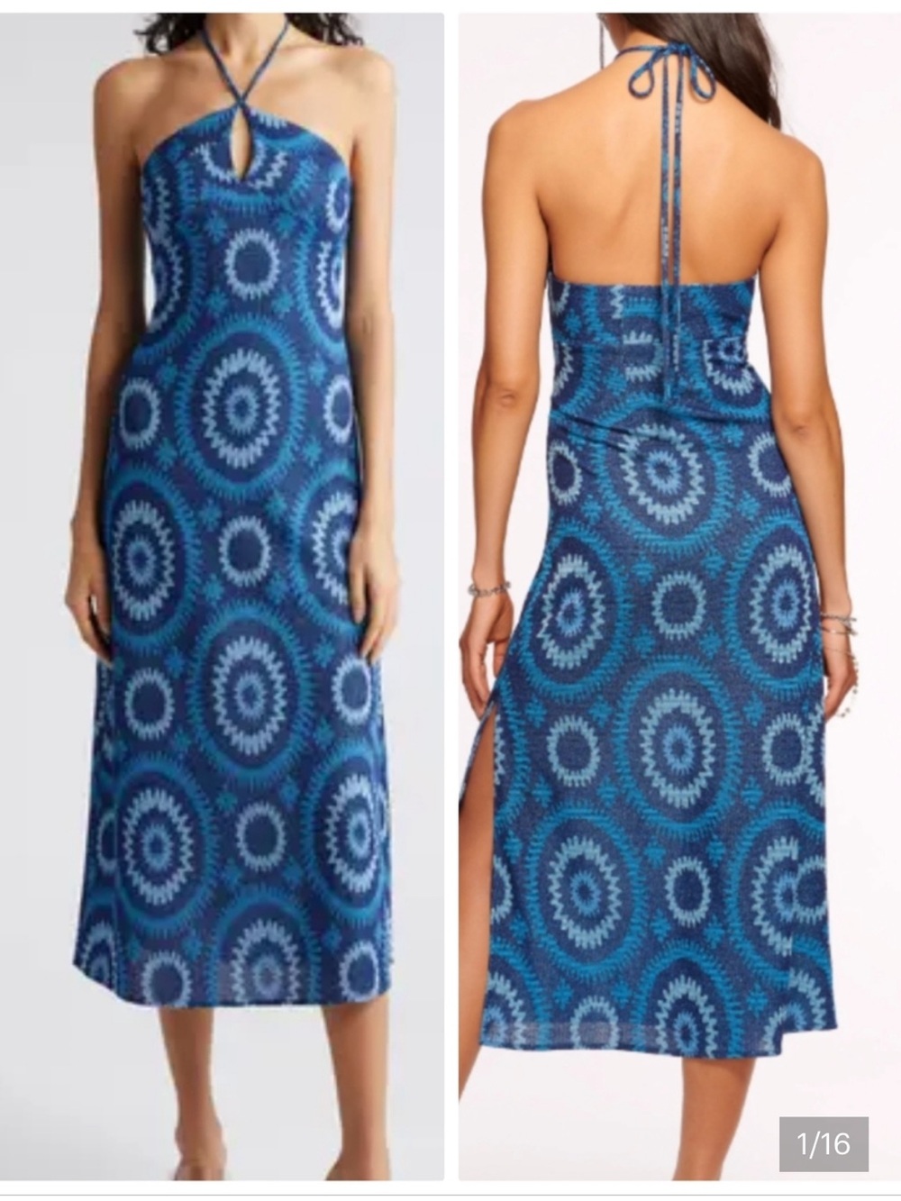 Ramy Brook Aya Halter midi blue dress party wedding guest boho cocktail knit